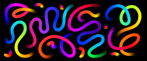 Color lines vector background set. Abstract colorful liquid gradient lines on black backdrop. Modern art pattern, energy, vibrant design, party, and inspiration