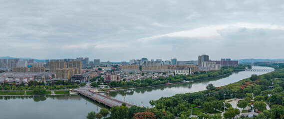 China Linqu urban architecture and river landscape