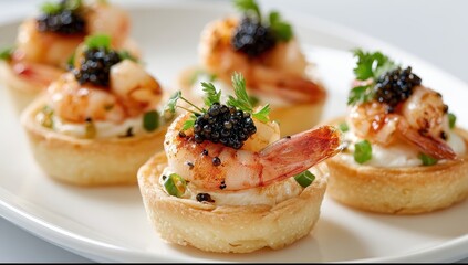 Elegant Shrimp and Caviar Mini Tarts with Creamy Filling and Fresh Garnish.