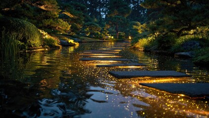 Pathway of stones through a serene garden at night