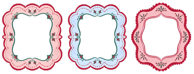 Hand-drawn scalloped decorative frames featuring floral accents, stitched-style details in soft pink, red, pastel blue tones. Cottagecore Folk art design for greeting cards, invitations, label, poster © sudevi