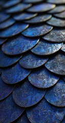 Close-up view of overlapping, circular, textured plates in a deep blue hue