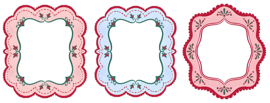 Hand-drawn scalloped decorative frames featuring floral accents, stitched-style details in soft pink, red, pastel blue tones. Cottagecore Folk art design for greeting cards, invitations, label, poster