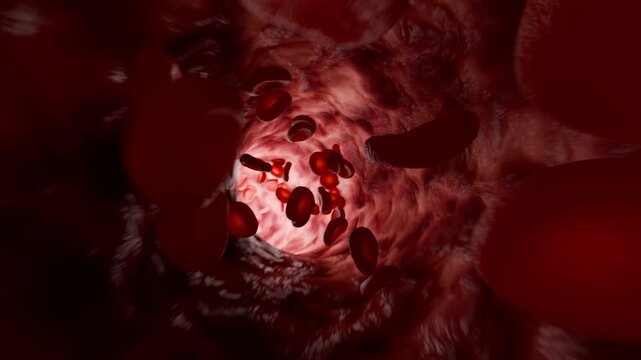 Red Blood Cells Moving Through Artery Interior Medical Visualization. 3D rendering