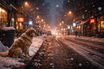 Golden retriever sitting alone on snowy city street at night