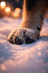 Close-up of dog paw in snow with warm winter lights