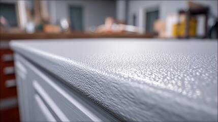 Refinishing medium shot showcasing a matte cabinet surface focusing on the subtle nonreflective texture and even coat application in a workshop setting.