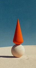 Orange cone on a white sphere in sand