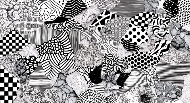 Abstract patchwork composition features numerous intricate black and white graphic patterns
