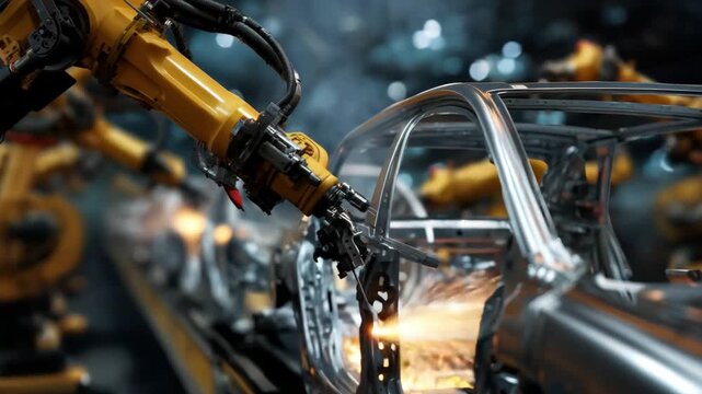 Robotic Precision in Automotive Assembly: A close-up view showcasing the intricate dance of robotic arms welding and assembling a car, depicting the technological advancement of modern manufacturing.