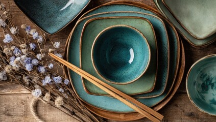 Decorative ceramic tableware arranged on a wooden surface