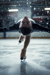 Female figure skater performing spin on ice rink indoors