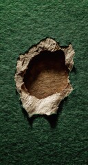 A round hole in a dark green surface