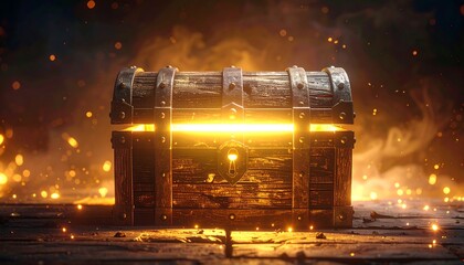 Wooden chest aglow with light, sparks in air