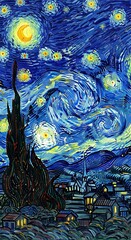 Swirling night sky illuminates a small village beneath prominent celestial bodies