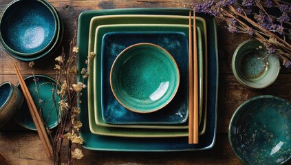 Stacked teal and green ceramic dishes on a rustic wooden table