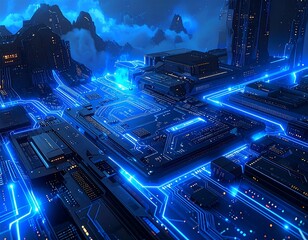 Futuristic city with circuits, glowing lines, and mountains in the distance
