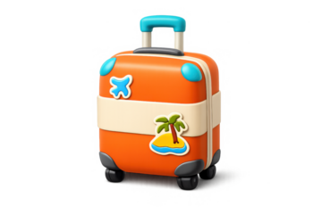 Vibrant travel suitcase icon with tropical island and airplane elements for design projects