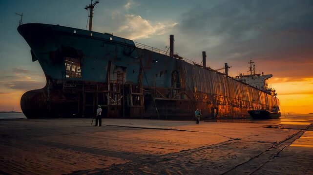 Massive abandoned cargo ship beached on dry dock at dramatic sunset with small person silhouette