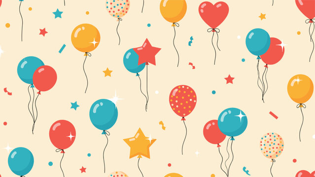 A festive and cheerful seamless pattern with colorful balloons, confetti, and stars, perfect for birthday parties and celebrations.