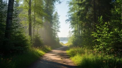 Serene forest path leading to a tranquil lake