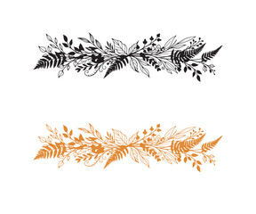 Obraz premium Elegant botanical arrangements featuring ferns leaves and delicate swirls in contrasting colors are displayed.eps