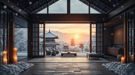 A serene winter scene inside a traditional Japanese house. Snow falls outside, with a view of pagodas and mountains at sunset