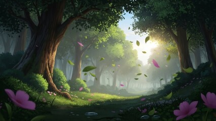 Serene forest landscape with pink flowers and falling leaves
