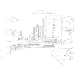 City streets and paved roads, silhouettes of multi-story buildings and pedestrian crossings, sketch. Vector illustration. . Cityscape, sidewalk, and lawn with bushes isolated on white background.