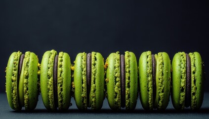 Six Vibrant Green Macarons with Dark Chocolate Filling, Elegant Row on Dark Background.