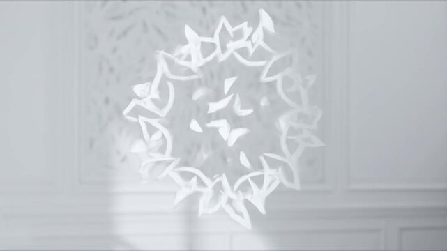 3D white interior space intricate Arabic Girih patterns walls ceiling, patterns morphing and rotating, soft shadows ambient lighting, minimalistic luxury design, abstract motion, seamless loop, cinema