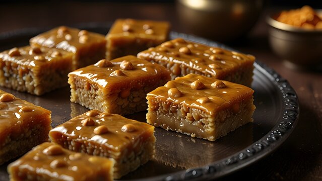 Close-up of traditional Indian jaggery chikki cut into neat squares, studded with peanuts and seeds. Glossy texture and warm lighting highlight this crunchy festive sweet snack.
