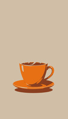 Obraz premium Illustration of a steaming orange coffee cup on a matching saucer against a neutral background highlighting the warmth and inviting aroma of freshly brewed coffee
