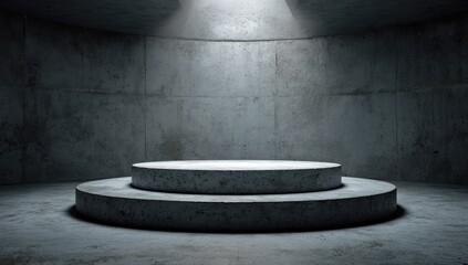 Gray concrete podium in a dimly lit, circular room