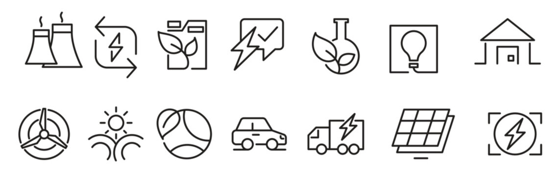 Renewable Energy line icon set. Green technology, energy, power, supply, ecology, eco, electricity, neutral, leaf, nature, solar, panel Line icon set.