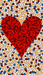 Vibrant Mosaic Art Featuring a Large Red Heart on a Multicolored Background with Blue, Yellow, and White Mosaic Tiles in an Abstract Pattern