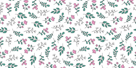 Obraz premium Seamless pattern. Simple drawings of flowers, leaves, and plant branches. Hand-drawn, doodle. Abstract colorful design. Repeating background, wallpaper.
