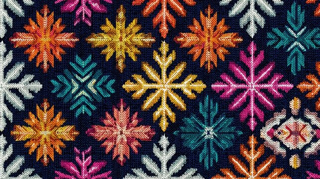 Colorful snowflake pattern textile embroidery design