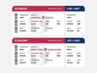 Realistic Airplane Ticket Boarding Pass Design &ndash; Flight Travel Pass Template with Passenger Name, Route and Seat Details, Business and Economy Class Vector Illustration