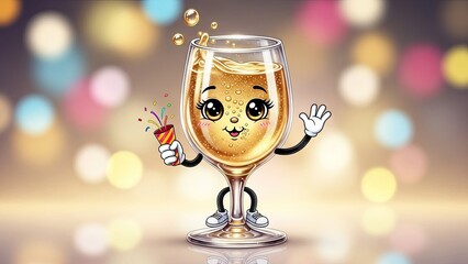 Playful cartoon wine glass character with animated face against colorful bokeh background.