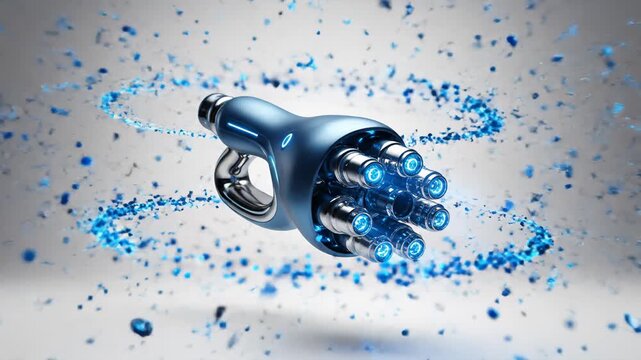 Futuristic Minigun Surrounded by Shattering Blue Cubes