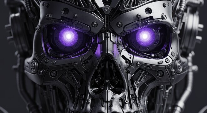 Intricate Mechanical Skull with Glowing Purple Eyes, a Detailed Robotic Head Showcasing Futuristic Cybernetic Engineering and Advanced Technology
