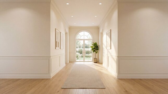 Bright minimalist hallway with white paneled walls, wood floor, arched glass door and potted plant in warm sunlight, clean interior with copy space.