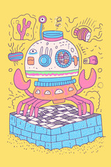 Colorful Cartoon Crab Submarine in Underwater Scene