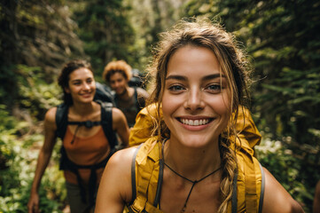 Young smiling hikers exploring a sunlit forest trail with backpacks — friends enjoying outdoor adventure, nature, and active travel together