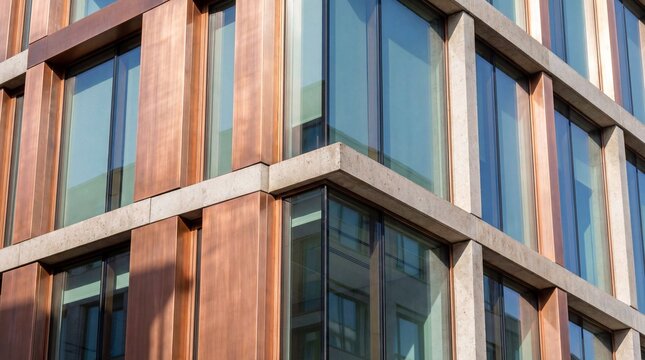 Close-up of a modern building facade with copper cladding, concrete frames, and reflective glass windows in a clean geometric pattern, showcasing contemporary urban architecture. - Powered by Adobe