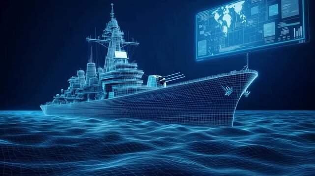 A naval ship operates in water while displaying advanced technology and cyber elements in a digital format