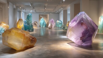 Large Crystal Sculptures illuminate Modern Art Gallery