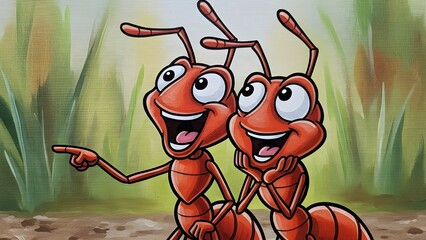 Happy Cartoon Ants Pointing Together Illustration
