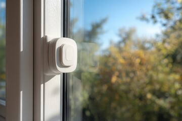 Bright White Window Frame and Handle with Blurred Sunny Autumn Foliage View.